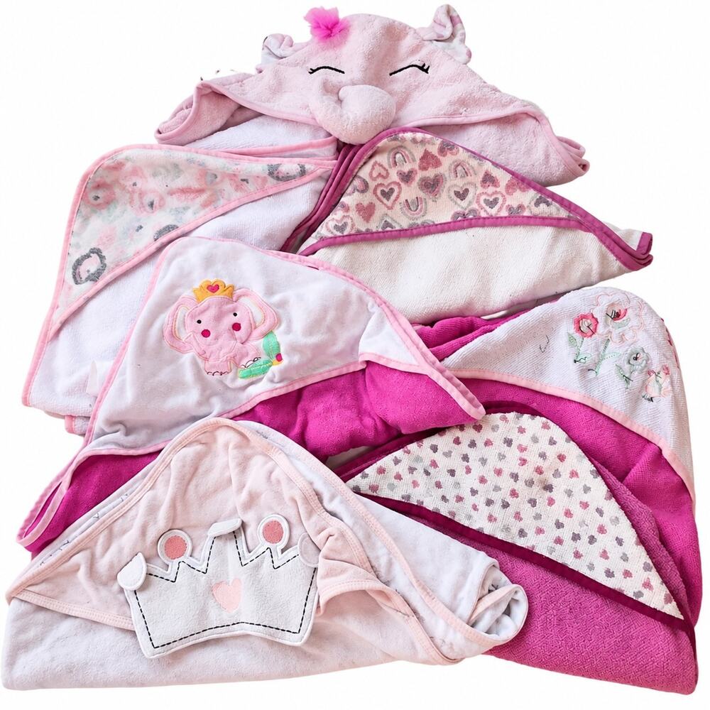 Baby Girl Infant Bath Towl Lot Pink Embroidered Floral Princess Crown Elephant